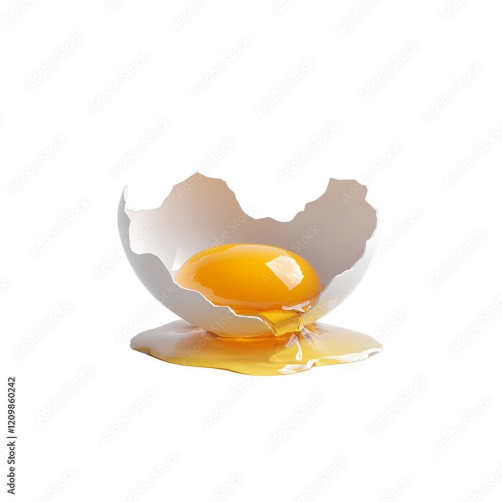 Poster a single egg yolk sits within a cracked eggshell on a white background with some of the yolk spilled