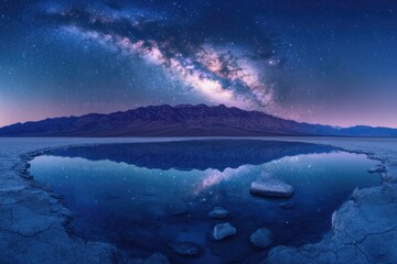 Milky Way galaxy reflected in a still pool of water, mirroring mountains under a starlit night.