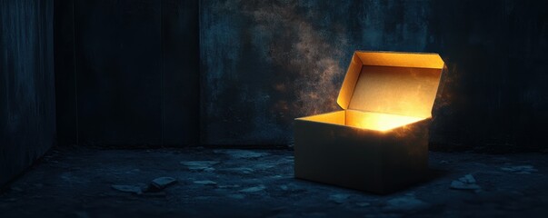 An open cardboard box emits a glowing light in a dark, mysterious setting, evoking a sense of wonder and discovery
