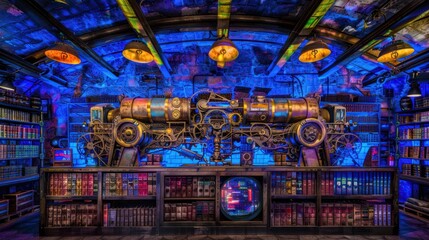 Steampunk Library: A Mystical Engine in a Book-Lined Chamber