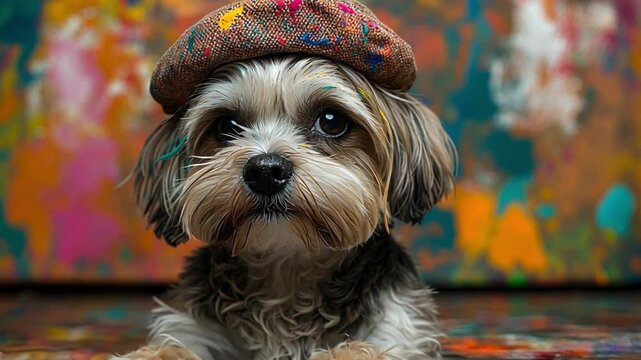 Artistic Canine: A charming Yorkie-mix puppy dons a stylish artist's beret, set against a vibrant abstract background, creating a playful and artistic image. 