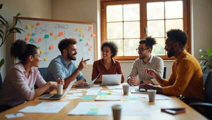 Group of young professionals engaged in a brainstorming session in a cozy office setting during the afternoon