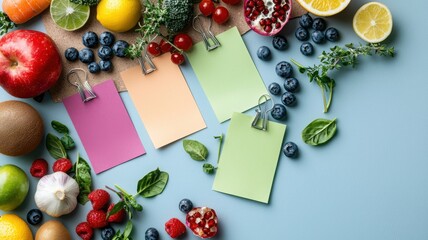 A Vibrant Palette of Freshness: A flat lay composition featuring a diverse array of fruits and vegetables in a burst of colors.