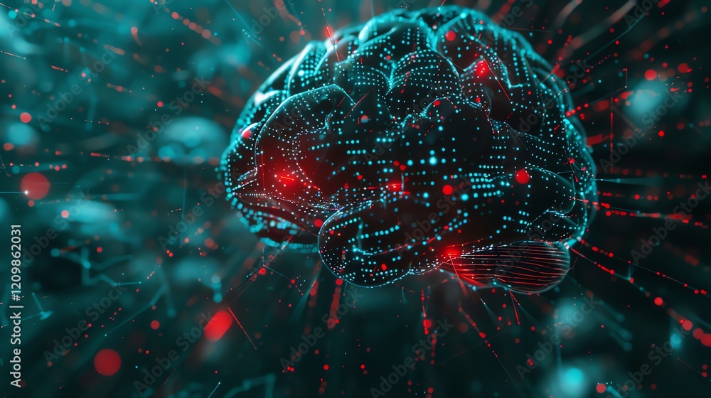 Poster a digital representation of a brain with lines of data streaming from it.