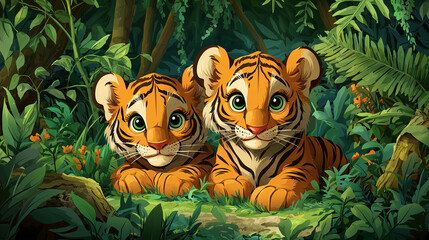 Playful tiger cubs in a lush jungle, bright colors, friendly expressions, cartoon style, suitable for a children’s storybook illustration