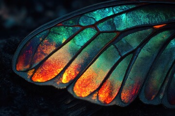 Close-up of iridescent butterfly wing, showcasing vibrant teal, orange, and red hues.