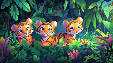 Playful tiger cubs in a lush jungle, bright colors, friendly expressions, cartoon style, suitable for a children’s storybook illustration