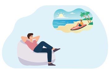 Relaxed man dreaming of a tropical beach vacation with palm trees, sun, and surfing.
 Perfect for concepts of daydreaming, travel aspirations, leisure, relaxation, and tropical destinations.