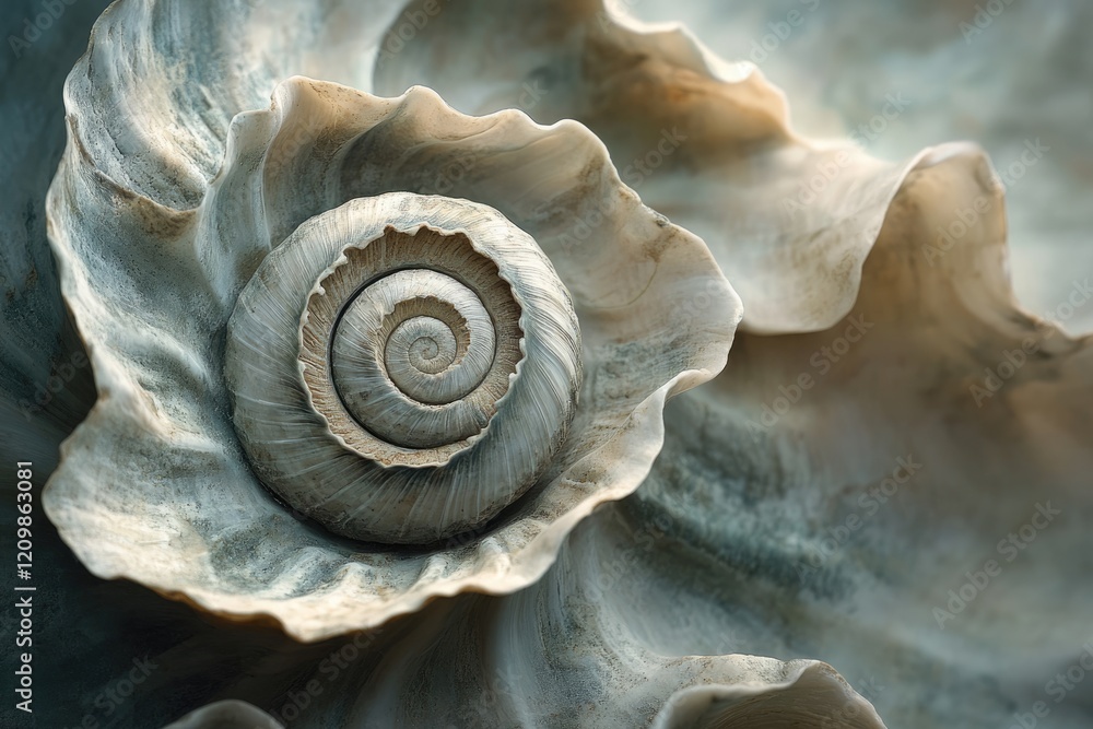 Poster Close-up of a spiral seashell nestled within a larger, textured shell.