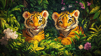 Playful tiger cubs in a lush jungle, bright colors, friendly expressions, cartoon style, suitable for a children’s storybook illustration