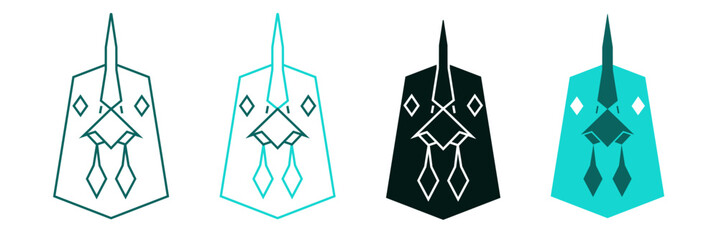 Polygon chicken head icon set. Hen face. Line or solid logo for web, app, branding or business. Rooster head. Minimalist symbol. Modern illustration. Geometric style. Editable vector stroke. 