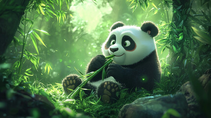 Happy panda eating bamboo, surrounded by green forest, soft and cuddly cartoon style, perfect for kids' books about nature and animals