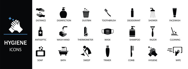 Hygiene icon set. Showcasing intricately designed representations of cleaning, disinfection, soap, bathing, sweep, shower, washing hands, clean and sanitation icons. Cleanliness concept. 