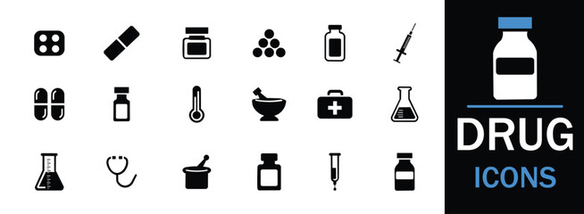 Drugs icon set. Featuring detailed illustrations of pills, alcohol, cannabis, cocaine, GHB, drug dealer, LSD, ecstasy and more. A well-organized collection of adaptable solid vector icons