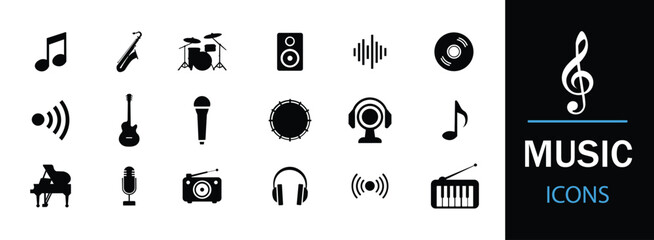 Music icon set.  Musical instrument symbol. Containing musical note, vinyl record, radio, piano, speaker, sound and disc icons. A well-organized collection of adaptable solid vector icons