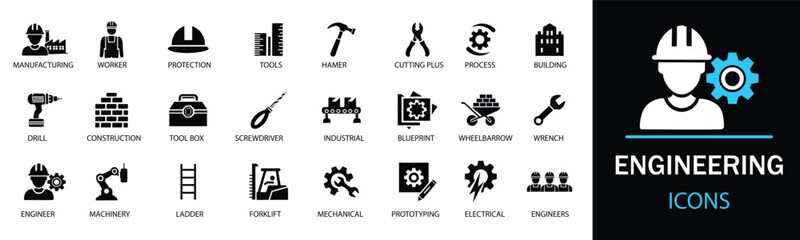 Engineering icon set. Containing blueprint, engineer, tools, mechanical, industrial, worker, engine, manufacturing and machinery icons. A well-organized collection of adaptable solid vector icons