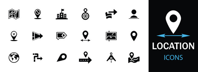 Location icon set. Featuring map, map pin, GPS ,destination, directions, distance, place, navigation and address icons. 
A well-organized collection of adaptable solid vector icons
