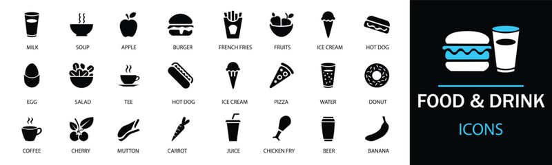 Food and drink icon set.  Featuring detailed illustrations of burger, soda, bread, cocktail, pizza, beer, apple, coffee, water  and more. A well organized collection of adaptable solid vector icons