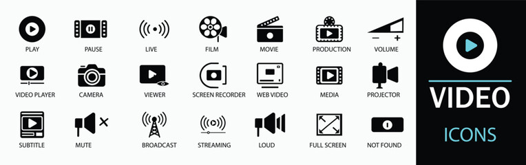 Video icon set. Showcasing intricately designed representations of camera, play, pause, media, online video, live, production, player, movie and cinema icons. Solid icon collection.