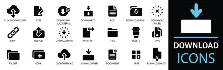 Download icon set. Showcasing intricately designed representations of upload, document, link, download file, folder, data and PDF icons. A well organized collection of adaptable solid vector icons