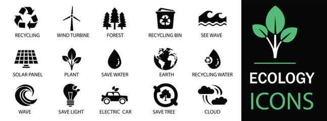 Ecology icon set.   Environment, sustainability, nature, recycle, renewable energy; electric car, eco-friendly, wind power icons. A well organized collection of adaptable solid vector icons