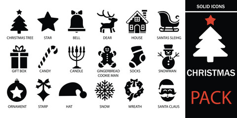 Christmas icons set vector illustrations. traditional symbols of New Year celebration, flat design. A well organized collection of adaptable solid vector icons