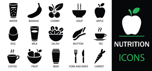Nutrition icon set. Containing food, vegetables, water,  fruits, dietary fiber, protein, vitamins, healthy fats and carbohydrate icons. A well organized collection of adaptable solid vector icons