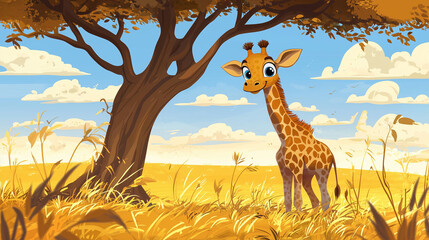 Friendly giraffe with big eyes munching on leaves, standing under an acacia tree, warm savanna setting, colorful cartoon style for kids