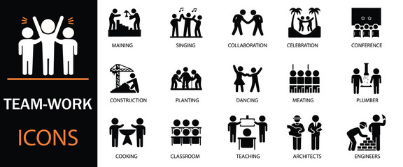 Teamwork icon set.  team working together symbol. Showcasing intricately designed representations of Co-worker, cooperation and collaboration icons. Solid icons vector collection.