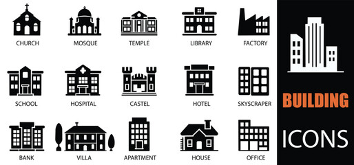Building icon set. Showcasing intricately designed representations of house, office, bank, school, hotel, shop, university and hospital icons. A well organized collection of adaptable solid icons