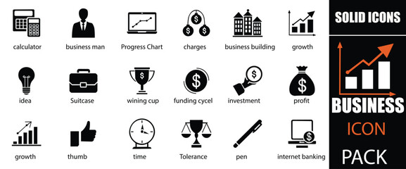 Business icon set. Business team, meeting, partnership, startup, planning, company, management, profit and successful key icons. A well organized collection of adaptable solid vector icons