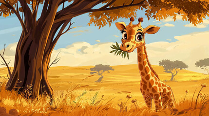 Friendly giraffe with big eyes munching on leaves, standing under an acacia tree, warm savanna setting, colorful cartoon style for kids