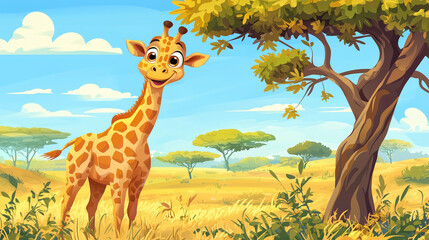 Friendly giraffe with big eyes munching on leaves, standing under an acacia tree, warm savanna setting, colorful cartoon style for kids