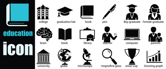 Education icon set. Editable Showcasing intricately designed representations of knowledge, college, task list, design, training, idea, teacher, file, graduation hat, institute, ruler, telescope.