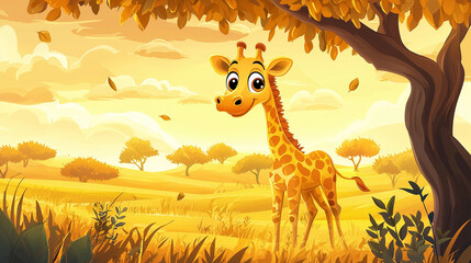 Friendly giraffe with big eyes munching on leaves, standing under an acacia tree, warm savanna setting, colorful cartoon style for kids