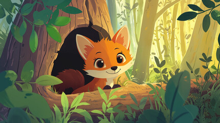 Curious fox cub peeking out of a hollow log in a forest, vibrant colors, expressive face, whimsical cartoon style for a children’s book