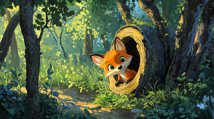 Curious fox cub peeking out of a hollow log in a forest, vibrant colors, expressive face, whimsical cartoon style for a children’s book