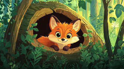 Curious fox cub peeking out of a hollow log in a forest, vibrant colors, expressive face, whimsical cartoon style for a children’s book