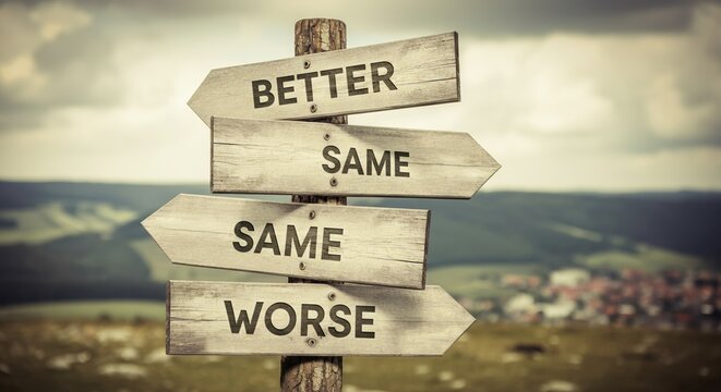 Wooden signpost with directional arrows labeled better, same, and worse