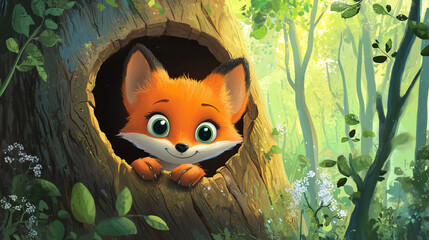 Curious fox cub peeking out of a hollow log in a forest, vibrant colors, expressive face, whimsical cartoon style for a children’s book