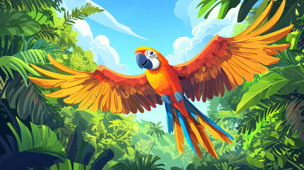 Colorful parrot with wide wings flying over a tropical rainforest, bright blue sky, cheerful cartoon style for a kids' animal adventure book