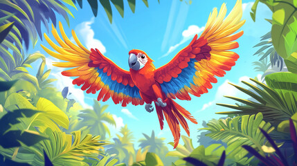 Colorful parrot with wide wings flying over a tropical rainforest, bright blue sky, cheerful cartoon style for a kids' animal adventure book