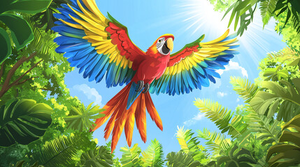 Colorful parrot with wide wings flying over a tropical rainforest, bright blue sky, cheerful cartoon style for a kids' animal adventure book