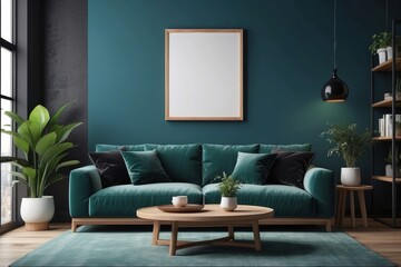 living room interior, blank poster frame, modular sofa, wooden coffee table, blue pillows, Green wall