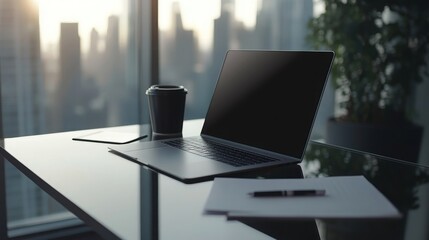 A sleek laptop sits open on a glass table beside a coffee cup and notepad, with a stunning city skyline visible through large windows during sunset, creating a serene work environment.