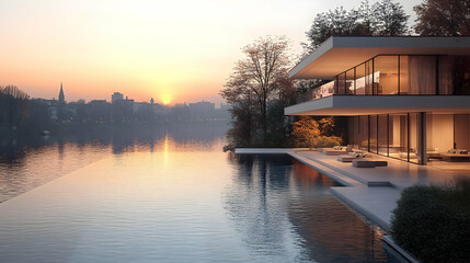 Luxury Waterfront Home at Sunset with Modern Minimalist Design