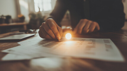 Obraz premium person analyzing financial reports with glowing orb on documents, showcasing creative workplace atmosphere
