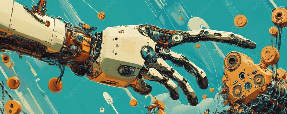 Poster a robot arm assembling a complex piece of machinery, its movements precise and efficient.