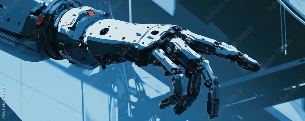 Poster a robot arm assembling a complex piece of machinery, its movements precise and efficient.
