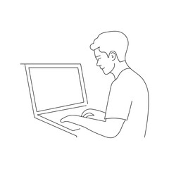 laptop typing drawing line art vector design isolated on white background. minimalistic man with laptop line art design.